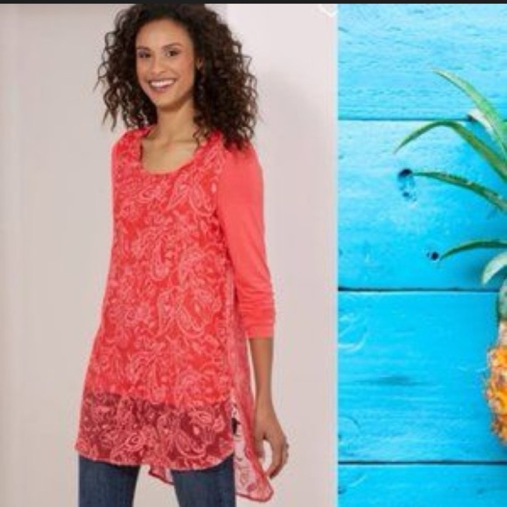 Soft Surroundings Adele 💯 Silk Overlay Poppy Lace Tunic 1X